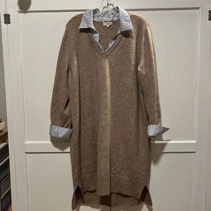 Tan Sweater Dress w/Blue & White Striped Collar & Cuffs